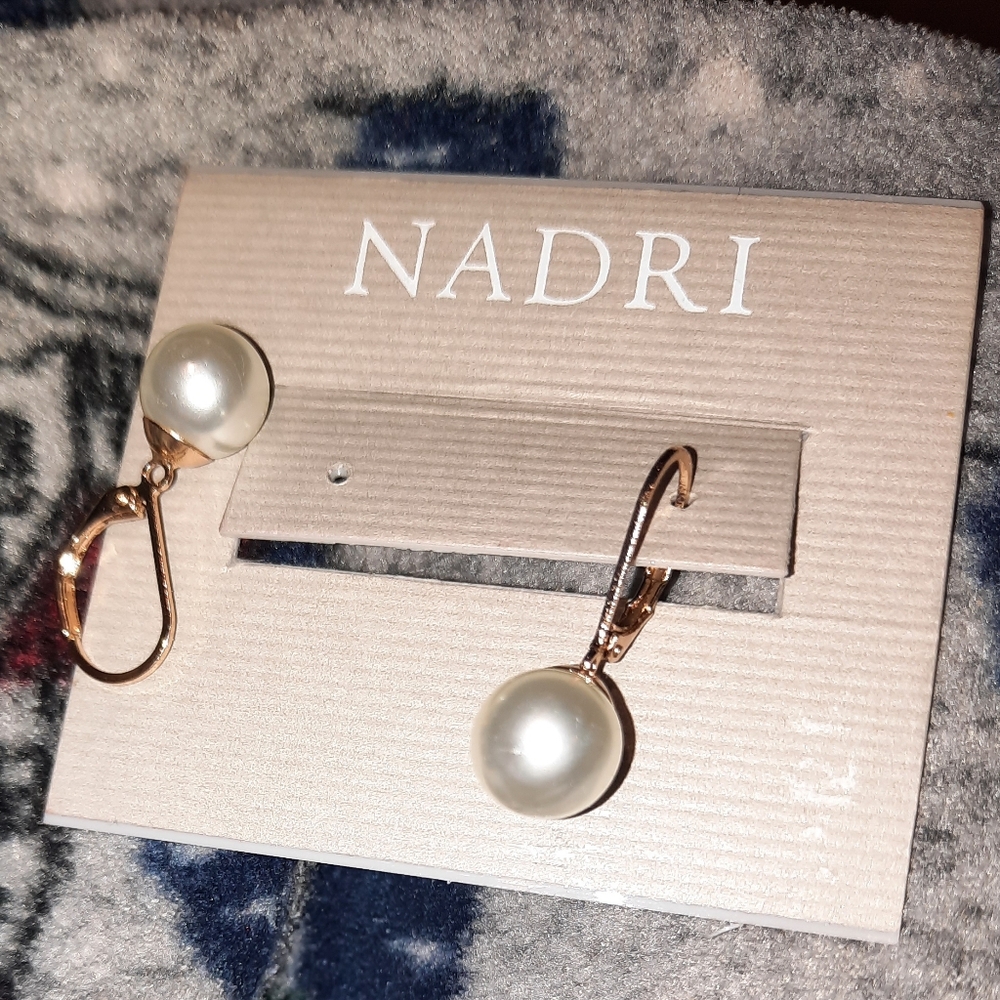 GENUINE NADRI WEDDING DANGLE EARRINGS GOLD PEARL LEVERBACK June Birthstone
